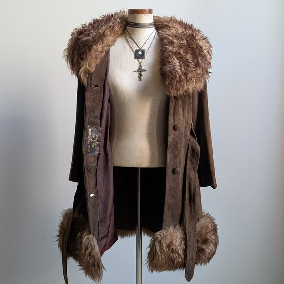 Vintage Brown Suede Fur Trim Penny Lane Jacket Genuine Leather Trench Coat Small - Picture 3 of 11